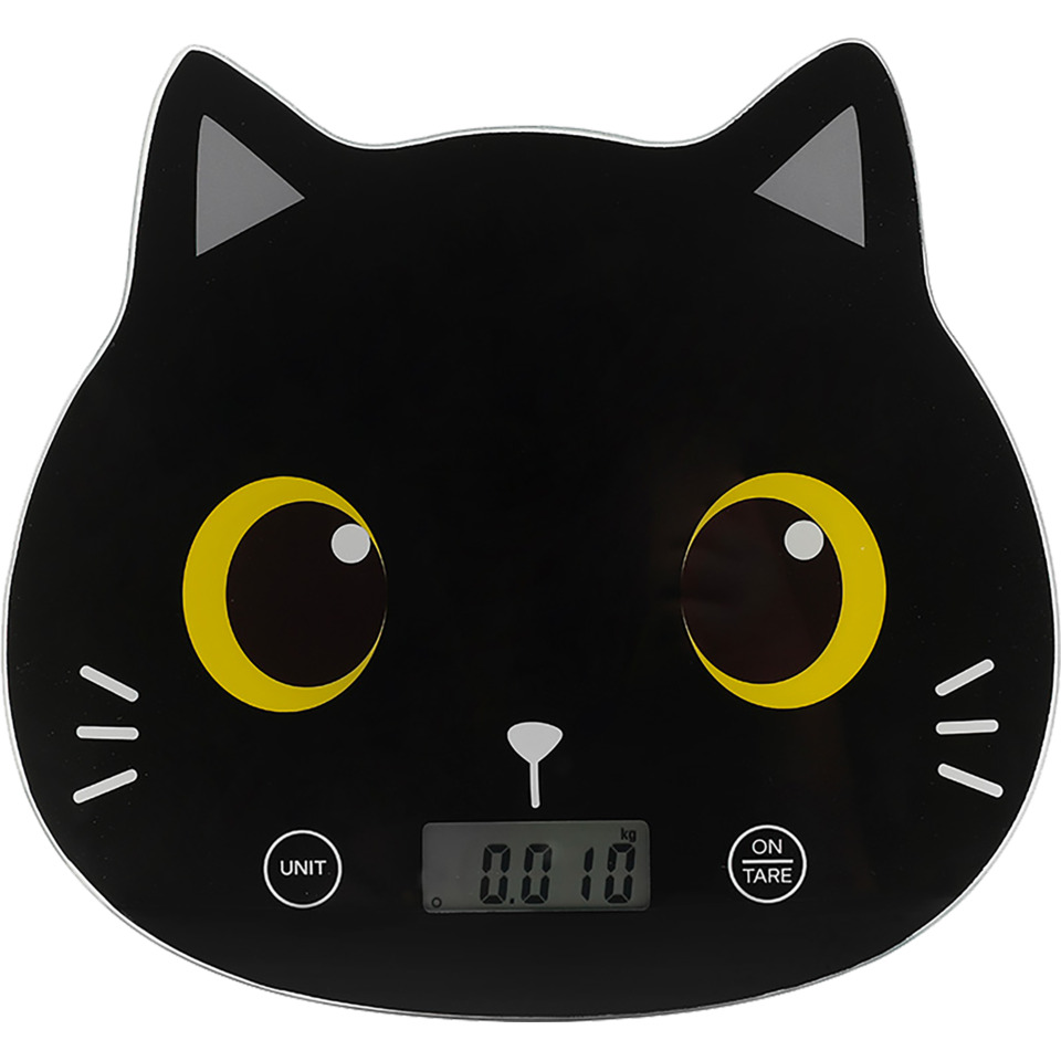 Küchenwaage, Katzendesign, digitale Anzeige, schwarze Waage, niedliches Gesicht