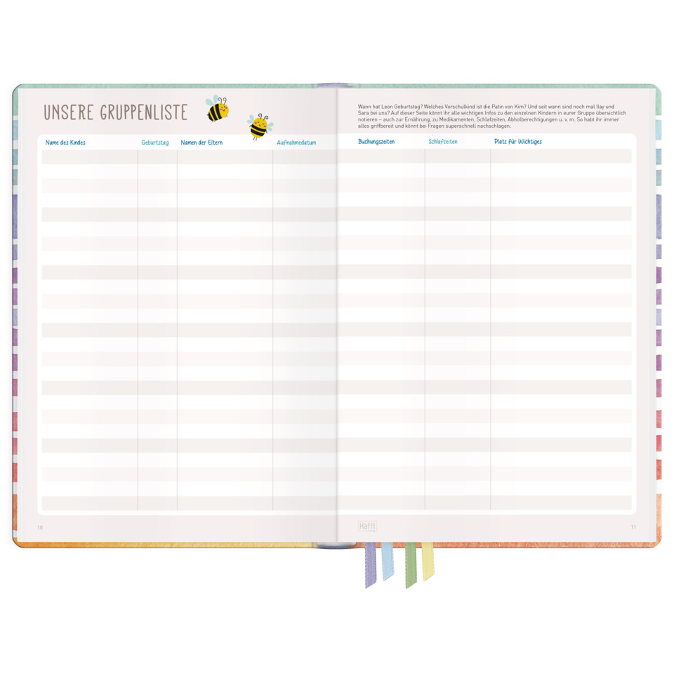 notizbuch, gruppennotiz, seite, bunte randgestaltung, bunte taschenlaschen