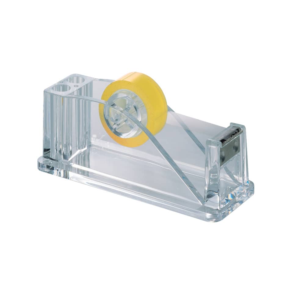 Tape Dispenser, Plastic, Transparent, Yellow Wheel, Office Tool