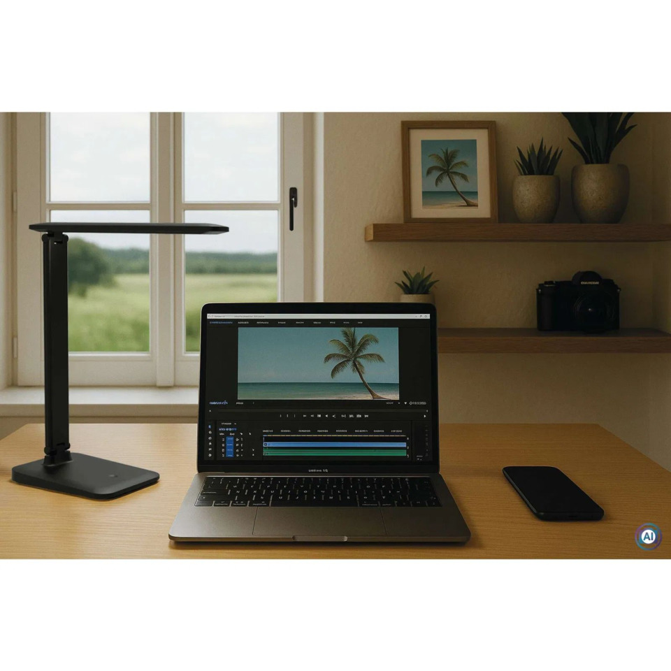 Laptop, Desk setup, Video editing, Tischlampe, Smartphone