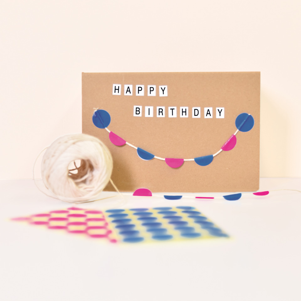 karte, geburtstag, deko, bunte kordel, garlandschmuck