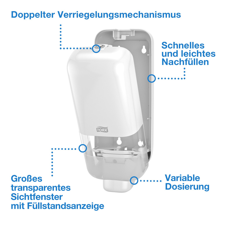 Wandspender, Wandspender-Montage, Dosiermechanismus, transparente Sichtfenster, Großes Sichtfenster