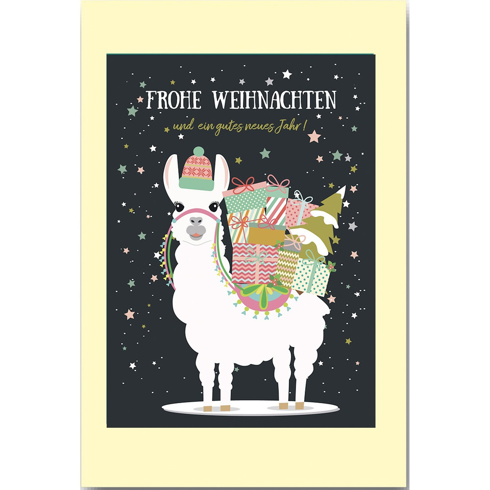 Weihnachtsbillett Frohe Weihnachten Lama mit Geschenken D.T.   Doppeltext  22-R181