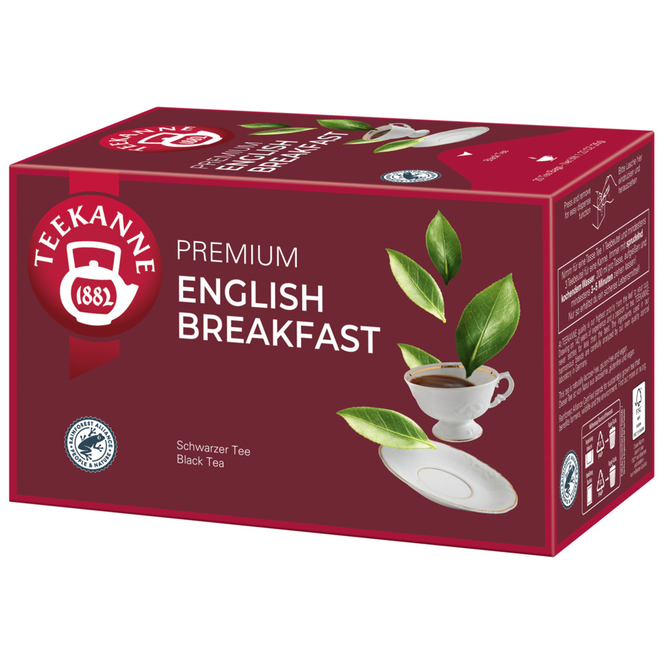 English breakfast, Black tea, Tea box, Kettle logo, Leaves