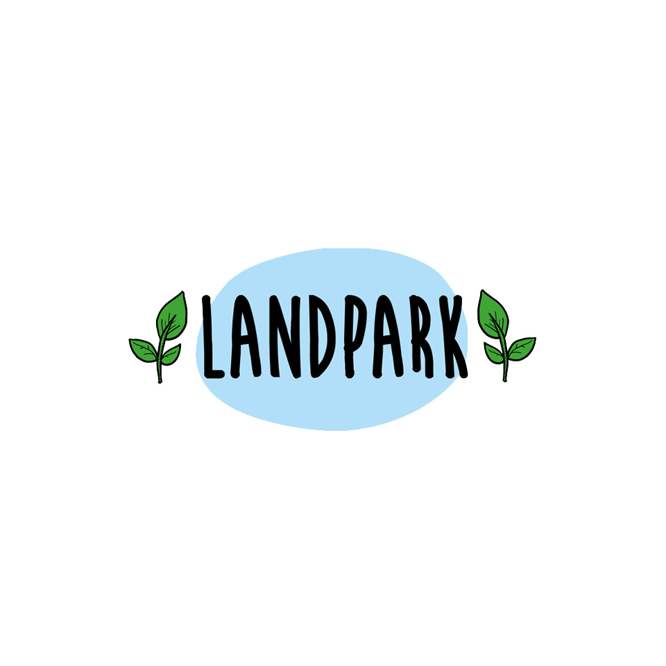 Logo, Landpark Schriftzug, Blaues Oval, Grüne Blätter, Schwarze Buchstaben