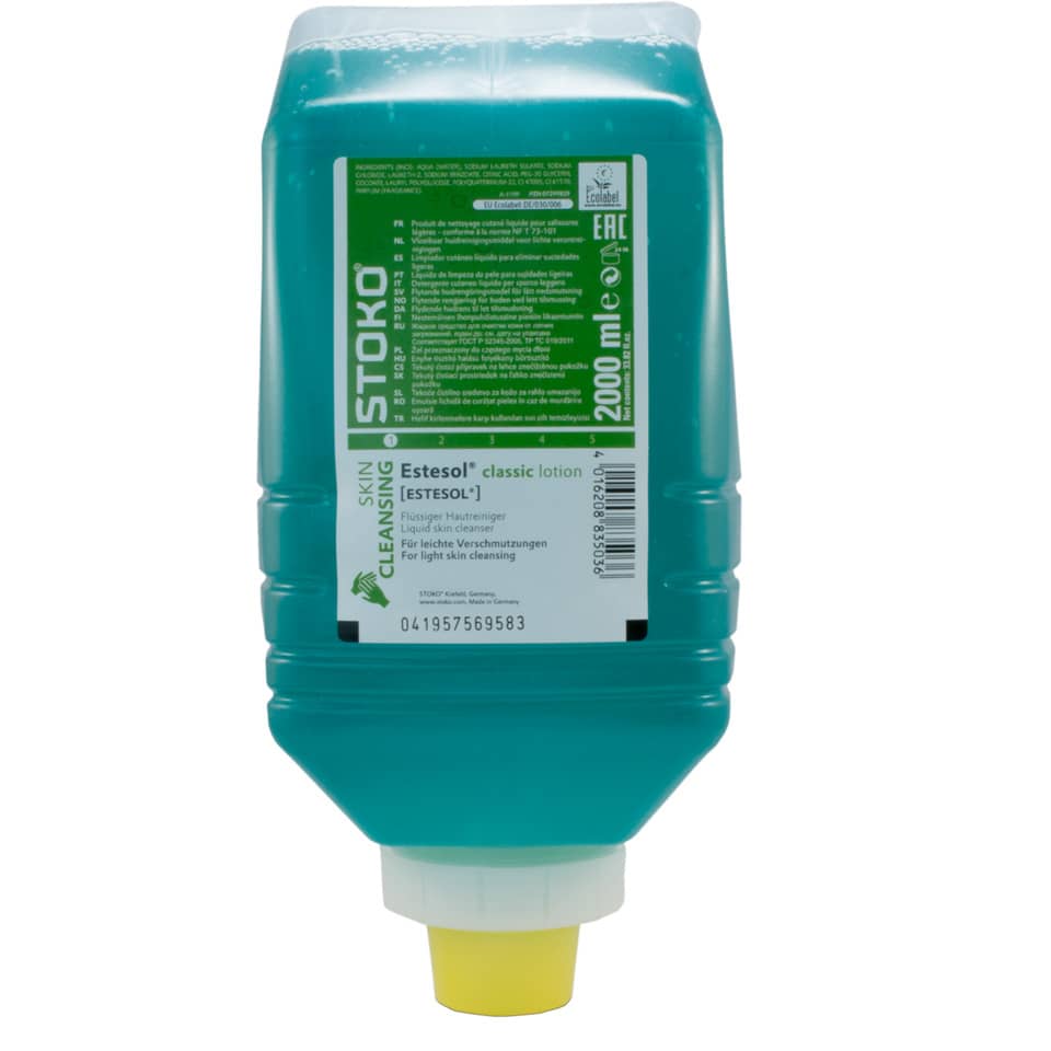 Angeschnittene Flasche, Teal farbiger Flascheninhalt, Haar- bzw. Hautreinigungslösung, Lotion, 2000 ml