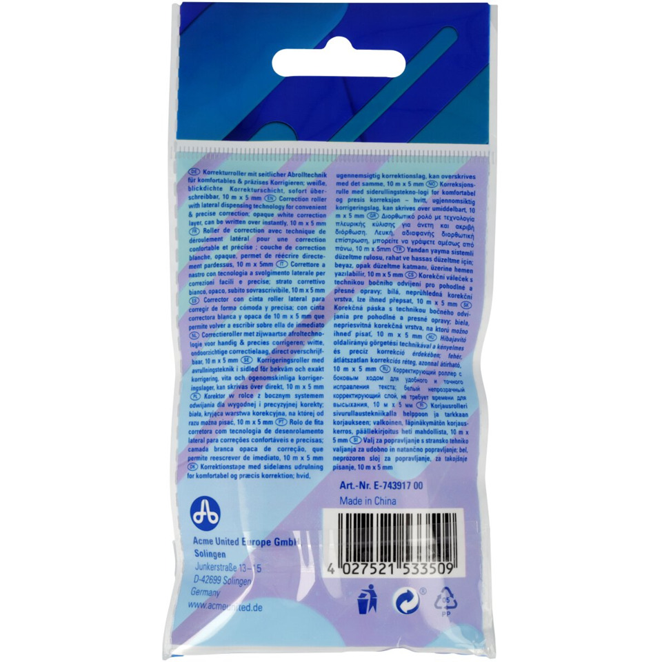 Korrekturroller, Mehrsprachige Verpackung, Blaues Packaging, Weißer Griff, Strichcode