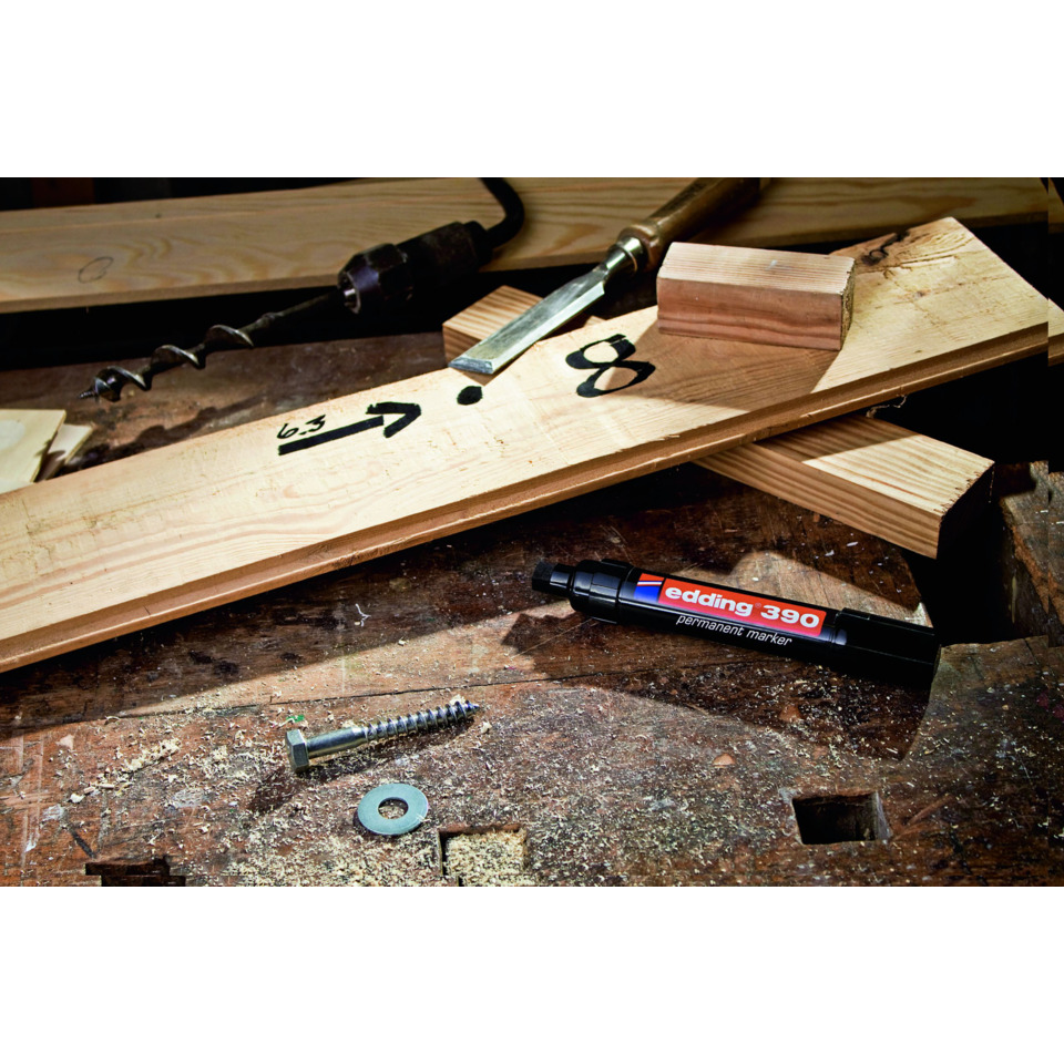 Holzbrett, Bauwerkzeug, Markerstift, Schraube, Unterlegscheibe