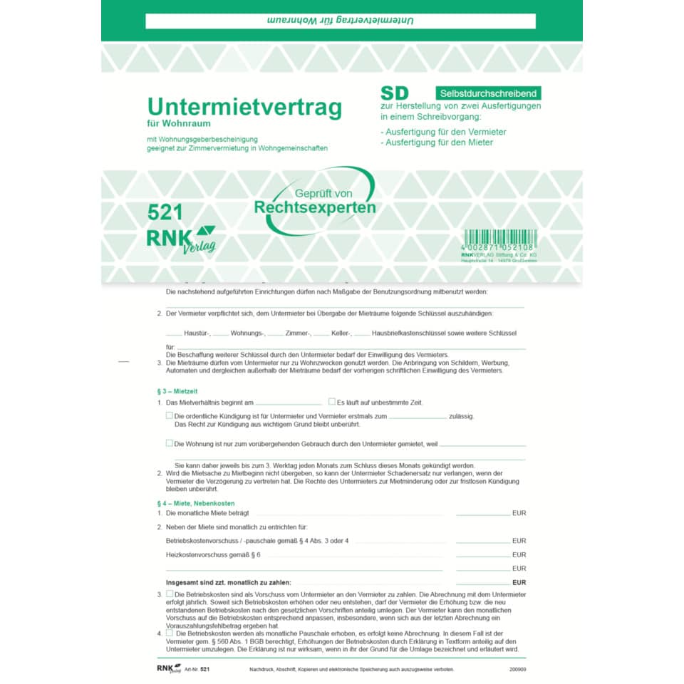 Untermietvertrag, Wohnraum, Mietvertrag, Deckblatt, Strichcode