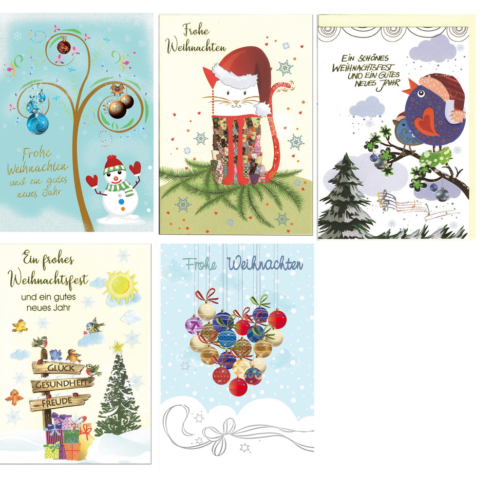 Weihnachtskarte, Weihnachtsbaum, Katze, Vogel, Schnee