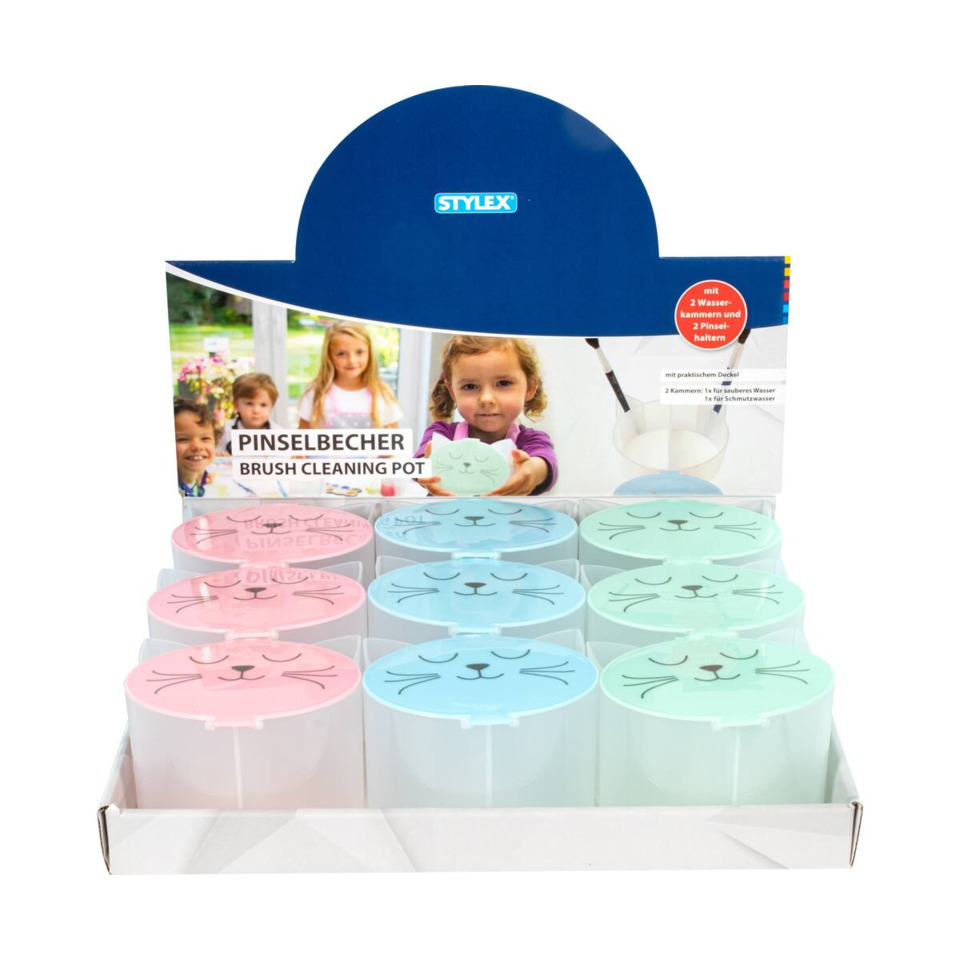 Pinselwaeshbecher, Brush Cleaning Pot, Cat face lid, Pastellfarben, Kinder-Display