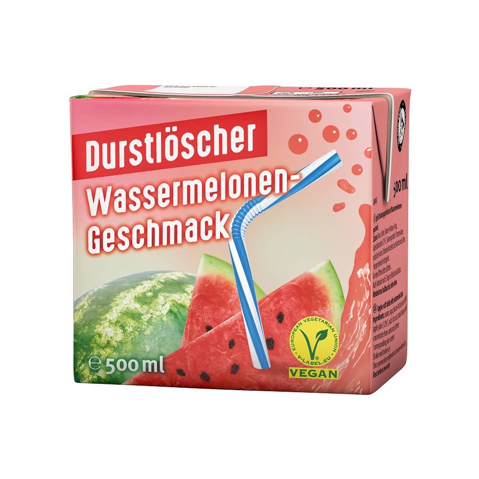 Pfirsichtest?, Wassermelone, Saftkarton, Strohhalm, Vegan