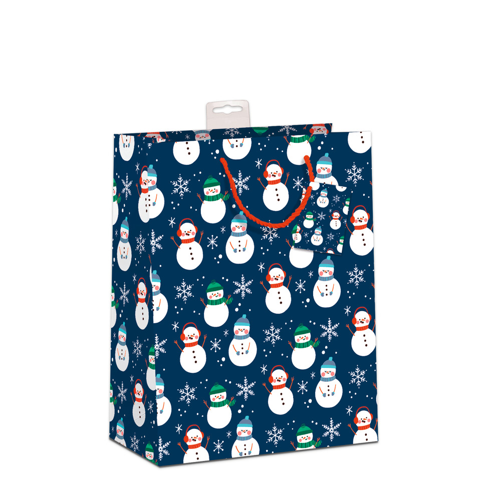 Geschenkbeutel, Weihnachtspapier, Schneemann Muster, Nachtblau, Glatte Oberfläche