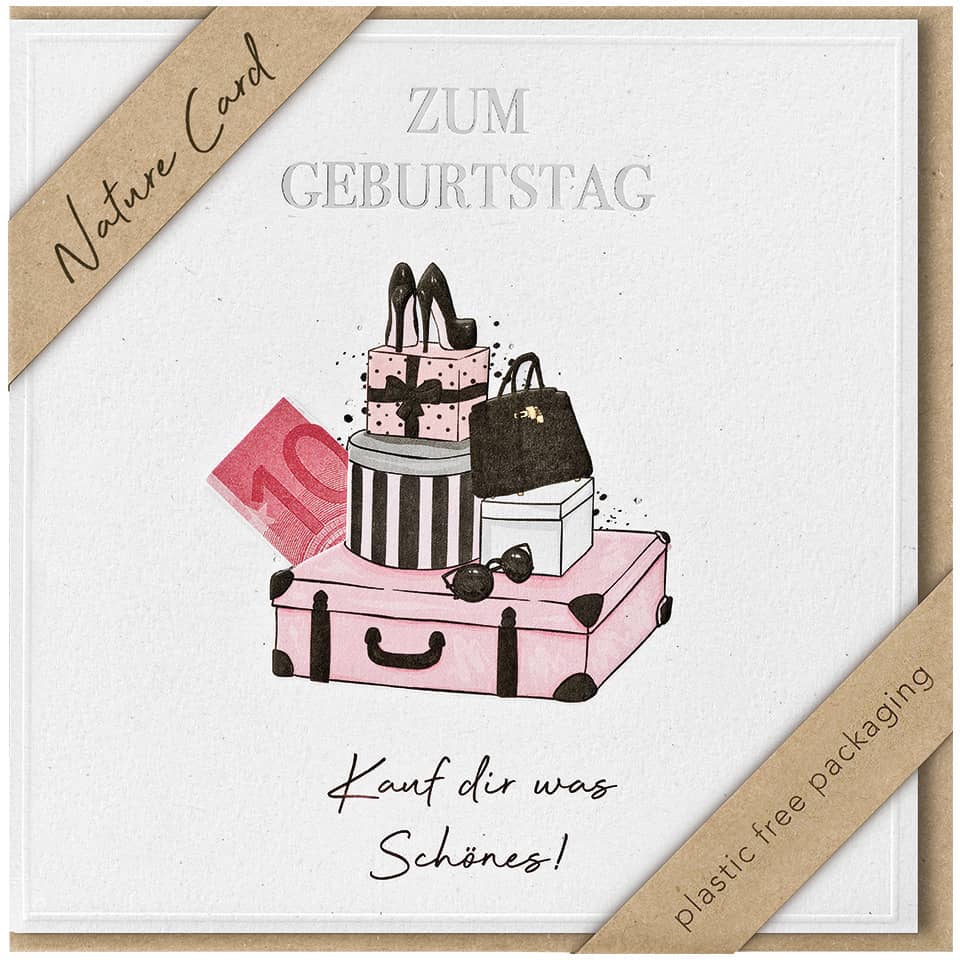 Geschenkkarte, Geburtstag, Schuhe, Koffer, Paket