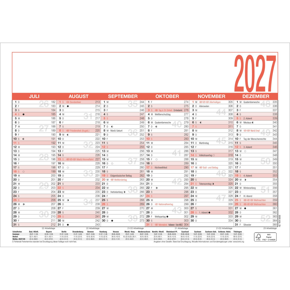 kalender, Jahreskalender, Gitterlayout, großes Jahr, Dezember 2027