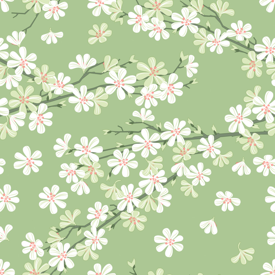 blütenzweig, blumenmuster, zweigdarstellung, pflanzenmotiv, grüner hintergrund