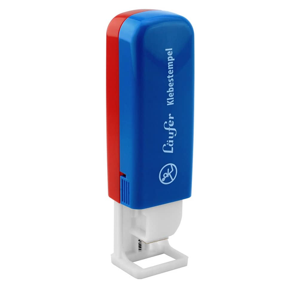 Klebestempel, Stempel, Stempelhalter, rot/blau, Ausdrucksstarke Form