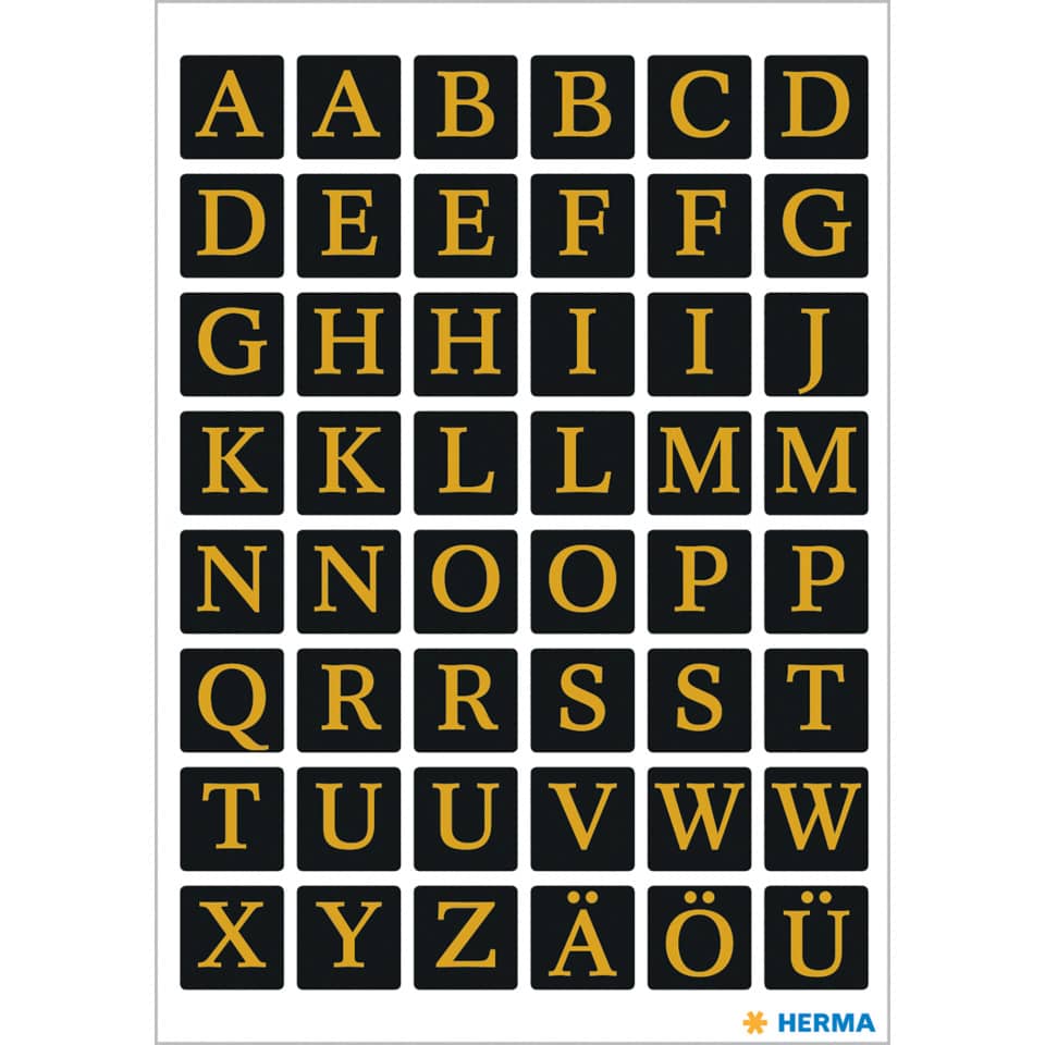 Alphabet-Sticker, Buchstabenfliesen, Goldene Buchstaben, Schwarze Kacheln, Herma-Logo