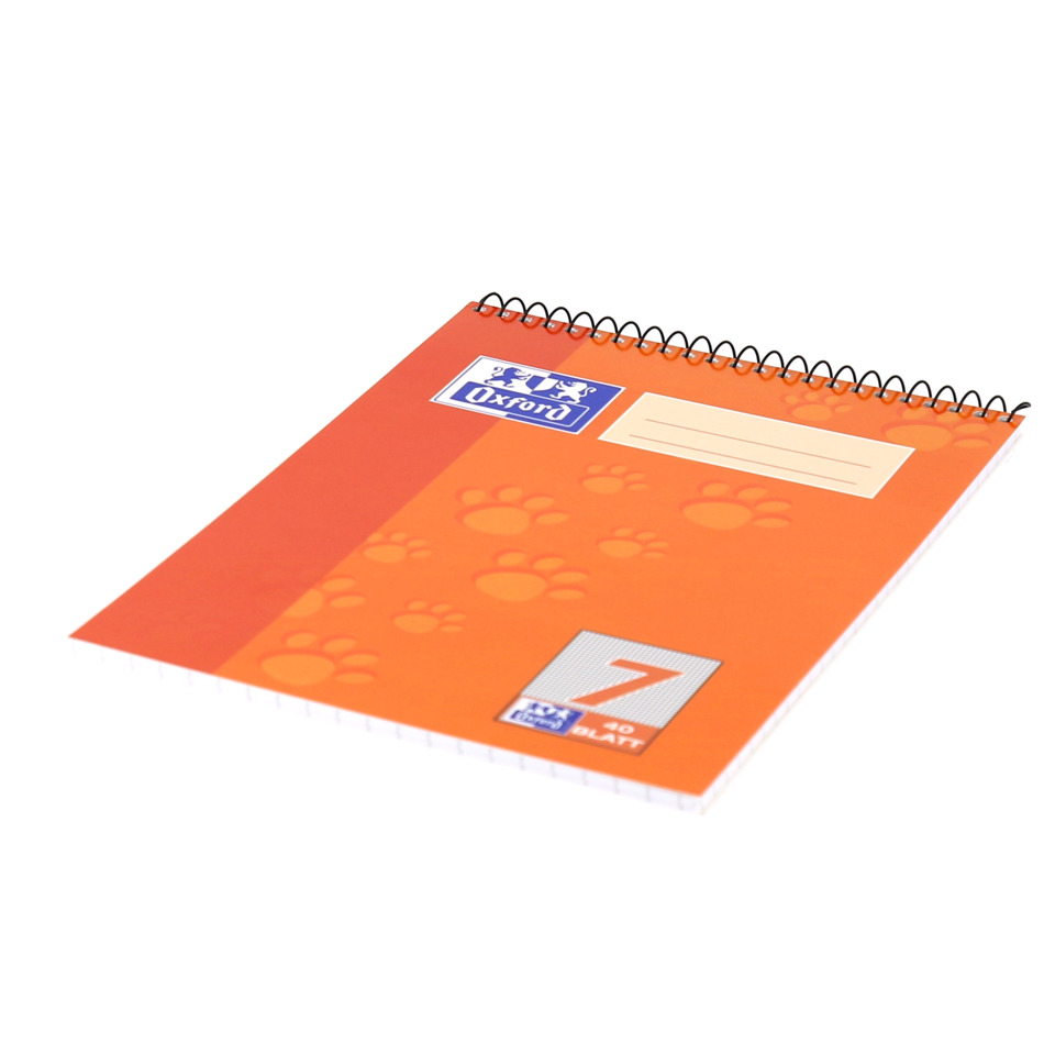 Notizbuch, Spiralbindung,  oranges Cover, Pfotenabdruck Muster, Oxford Marke Etikett