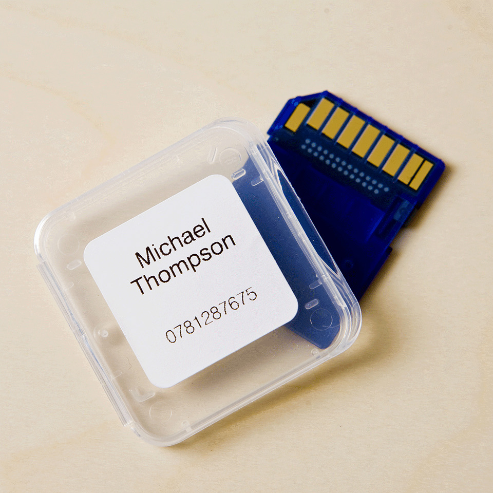 name tag, plastic case, memory card, label, name card