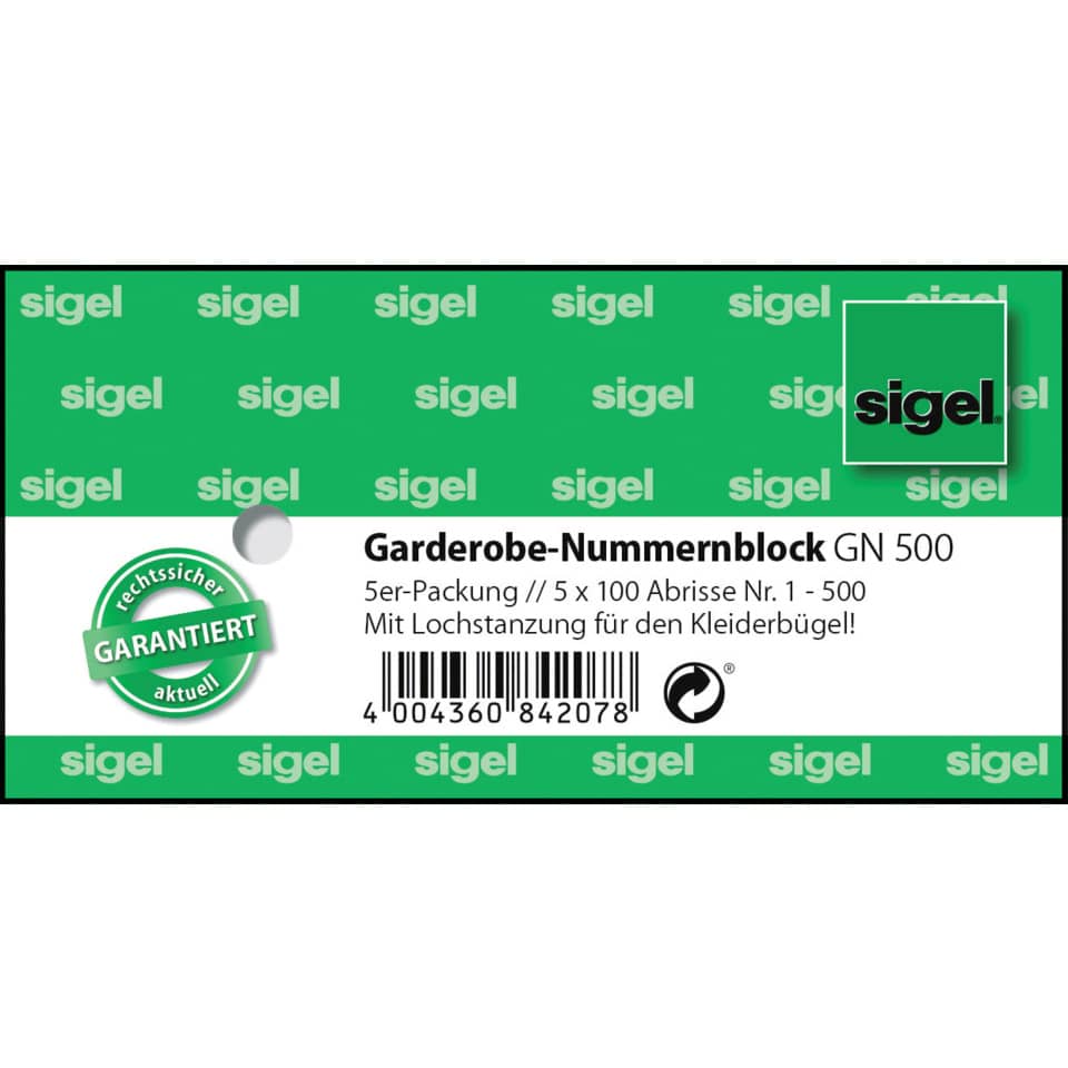 Garderobe-Nummernblock, GN 500, Lochstanzung, Kleiderbügel, 5 x 100 Abrisse