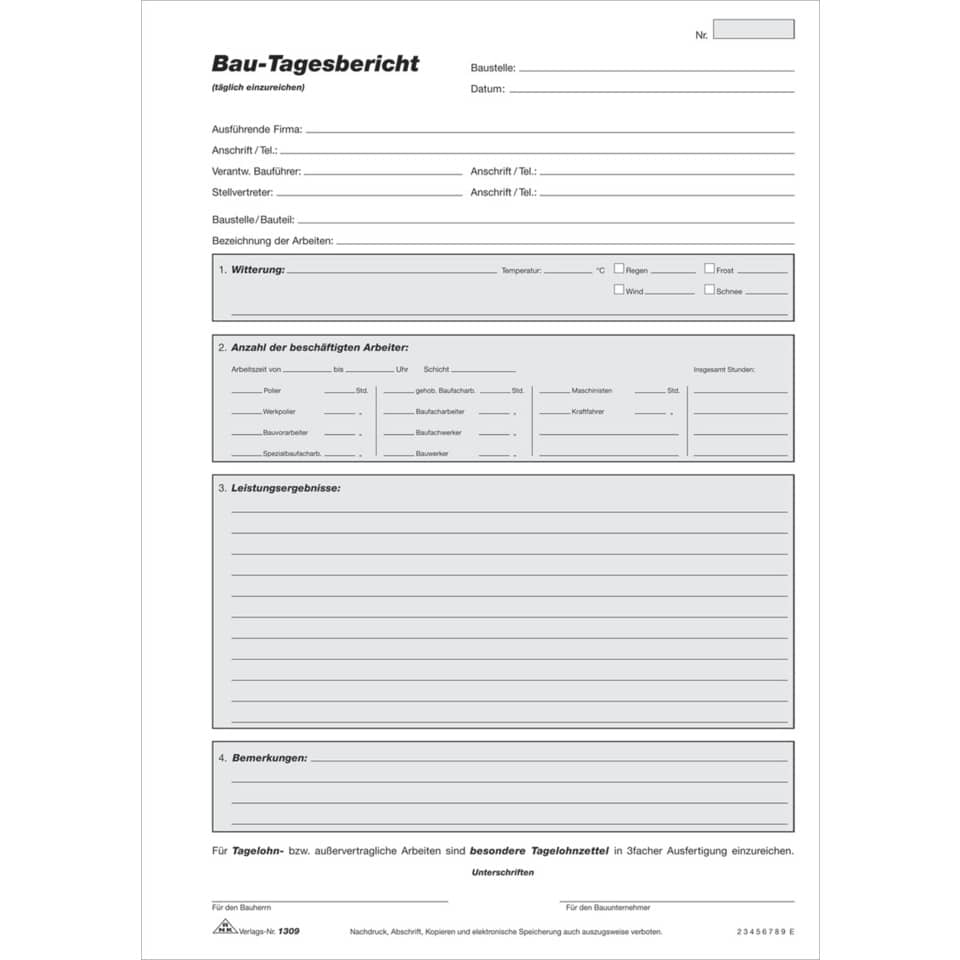 form, Bau-Tagesbericht, Arbeitsbericht, Baustelle, Wetterlage