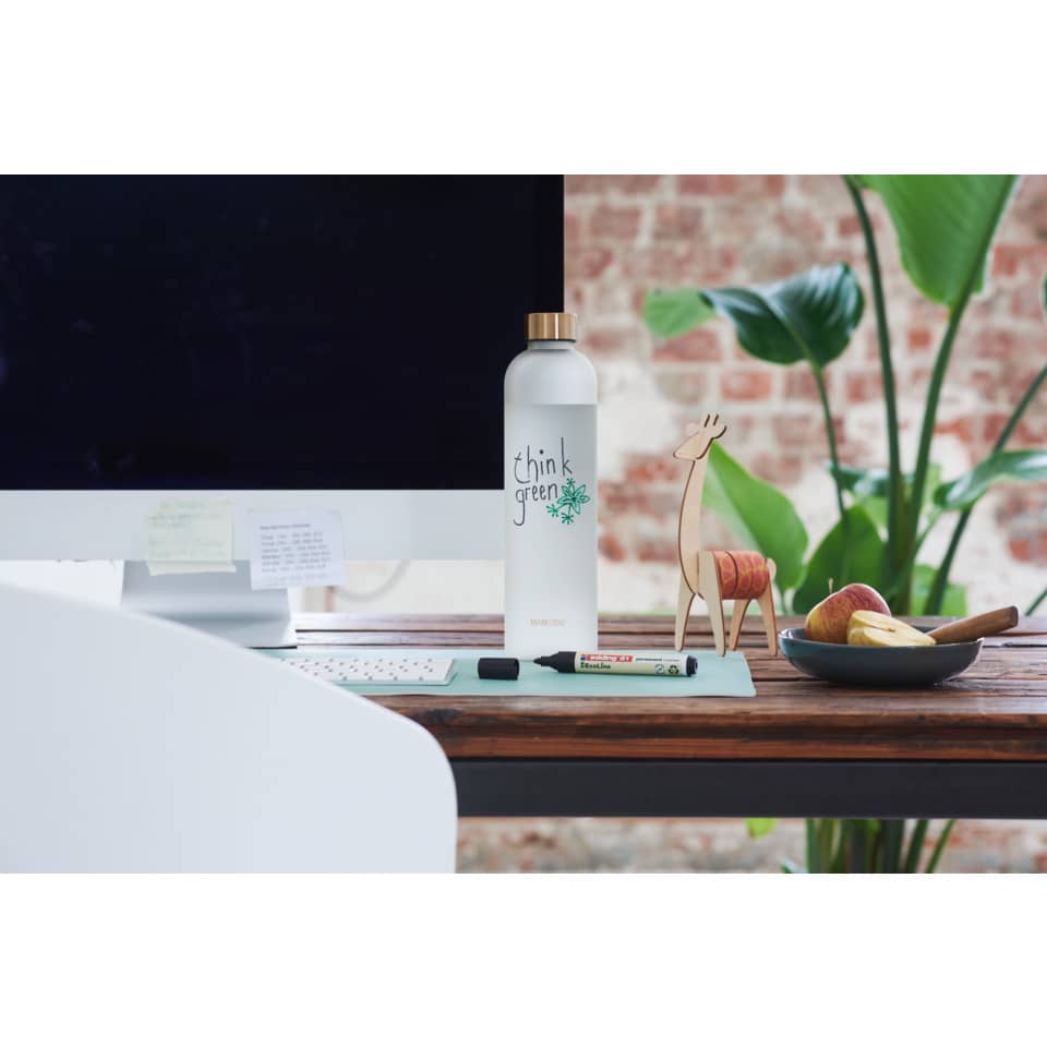 wasserflasche, think green, metallic cap, desk decor, bottle