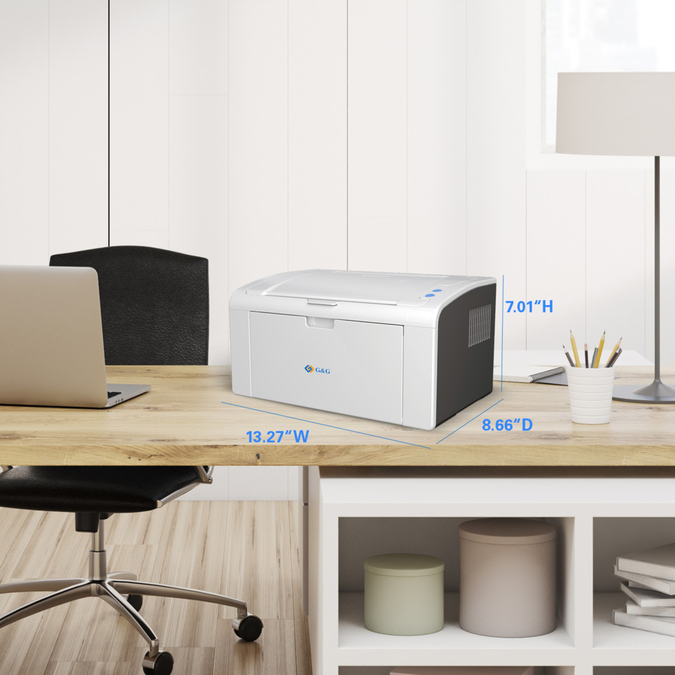 Drucker, Schreibtisch, Holztisch, Papierfach, Laptop