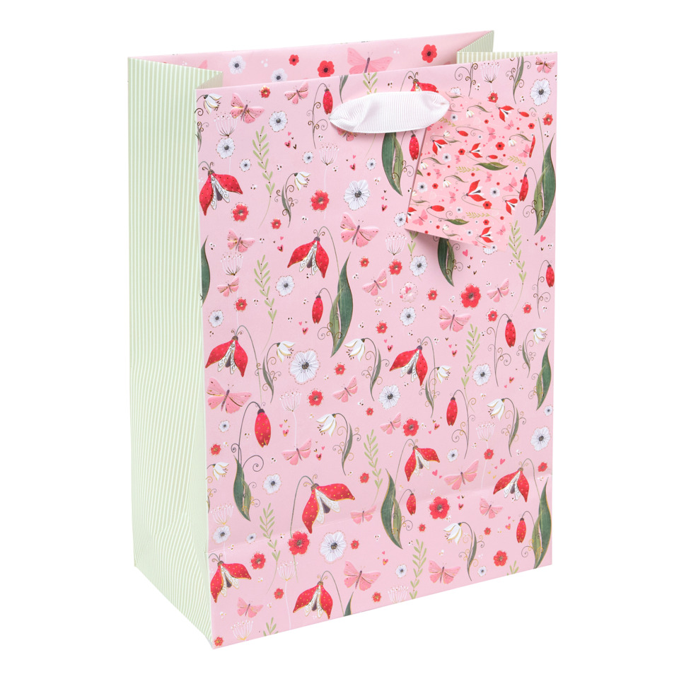 Geschenktüte, Papier, Rosa Muster, Blumen, Schmetterlinge