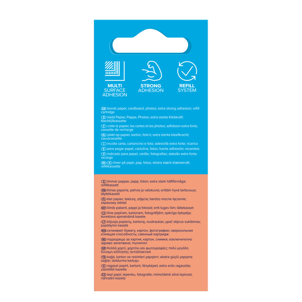 refill cartridge, multi surface, strong adhesion, blue packaging, labeling