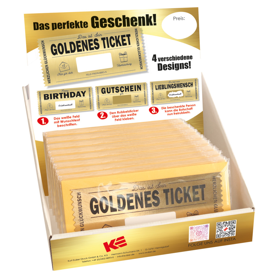 Gutschein, Ticket, Goldenes Ticket, Werbeartikel, Display