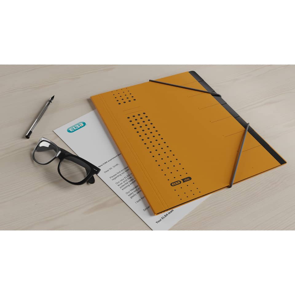 orange Ordner, Notizbuch, Gummiordner, Brille, Stift