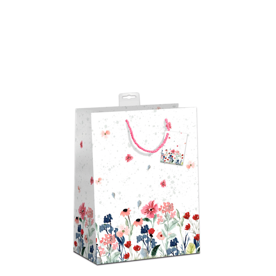 Geschenkverpackung, Blumenmuster, Papiertüte, Floral Design, Schlaufenband pink