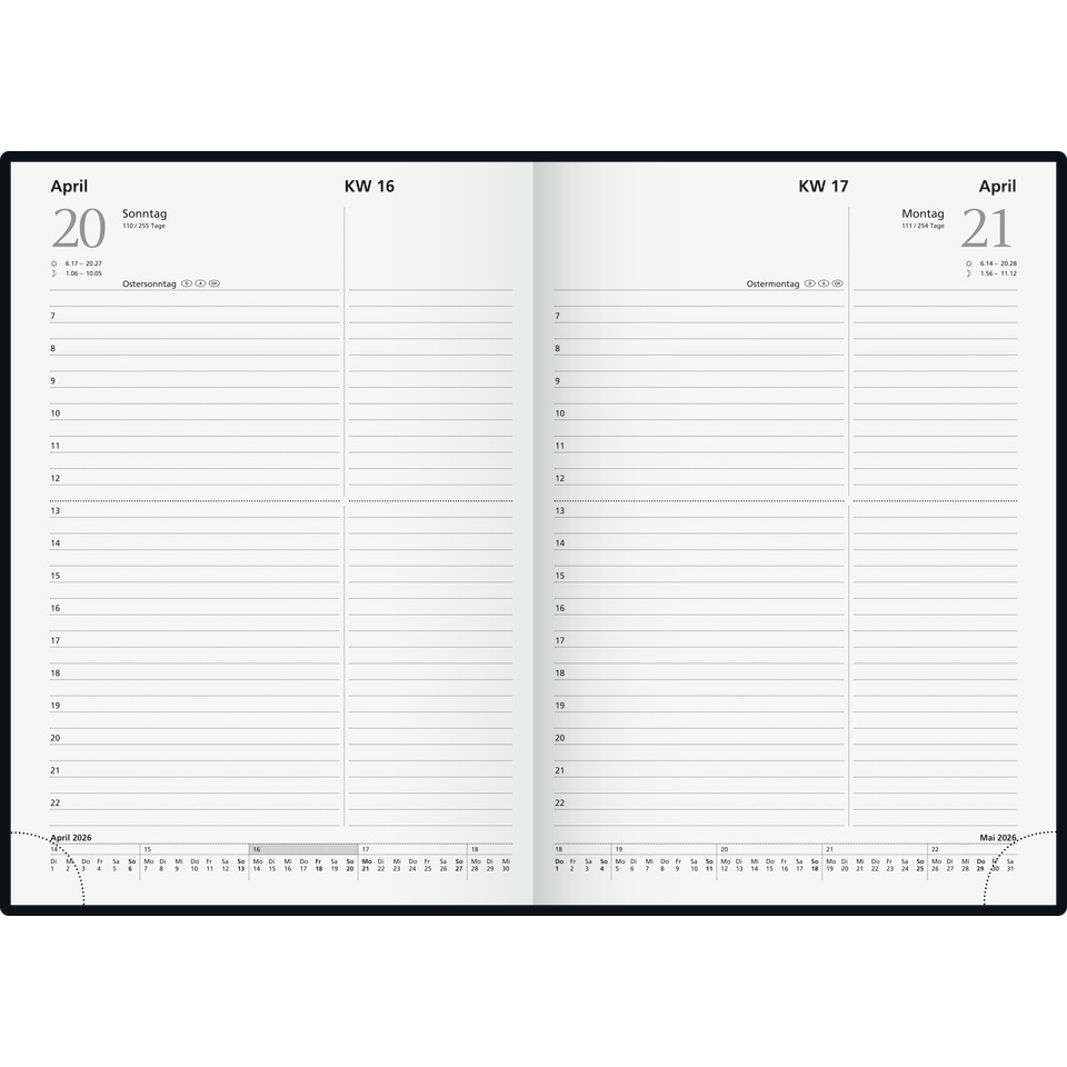 Tagesplaner, Kalender, Doppelseite, April, Wochentage