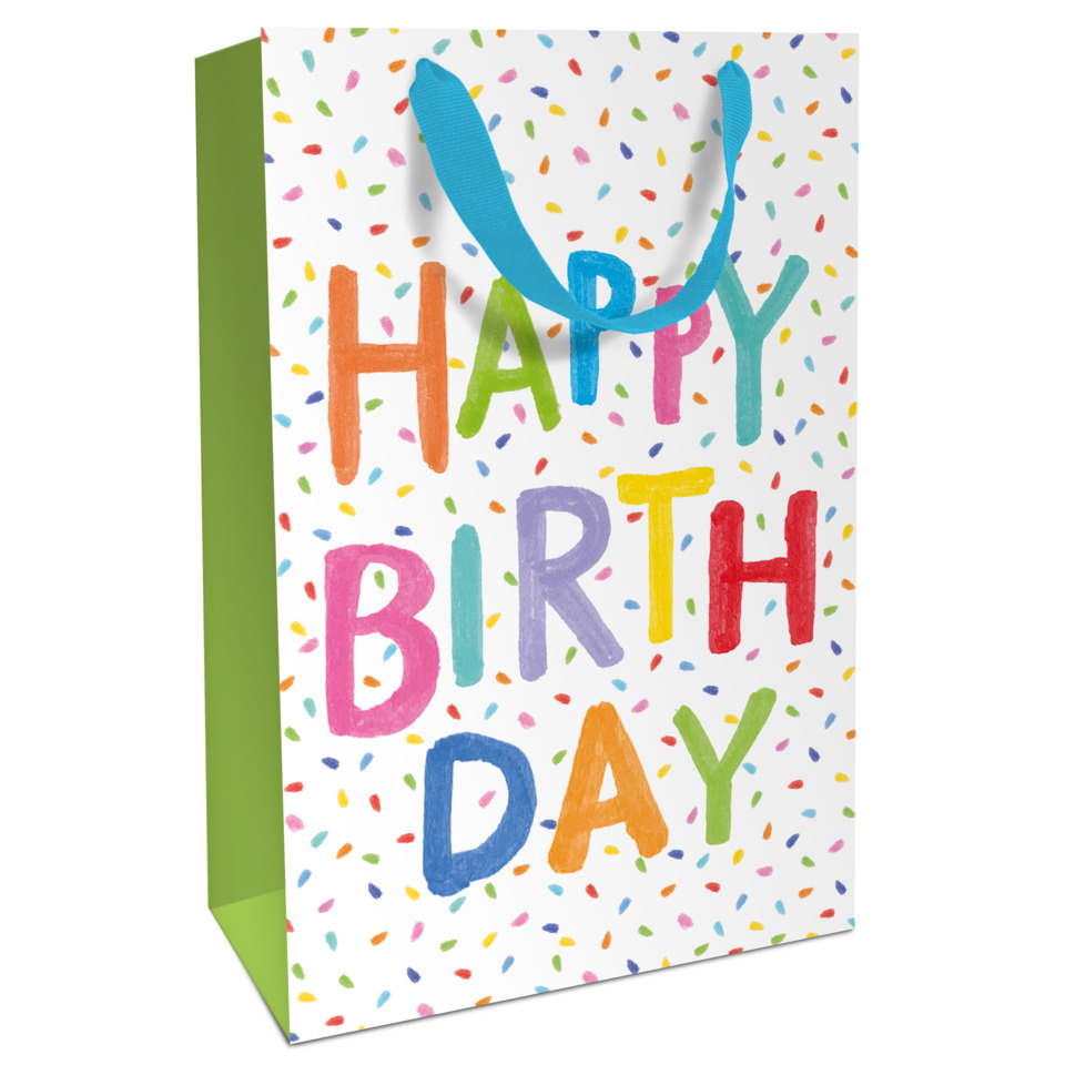 Geschenkverpackung, Geburtstag, Happy Birthday Karte, bunte Sprenkel, Papiertragetasche
