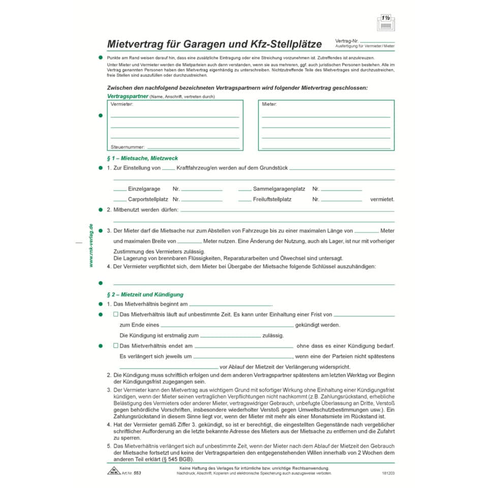 Mietvertrag, Garagen, #Kfz-Stellplätze, Mietobjekt, Vertragsform