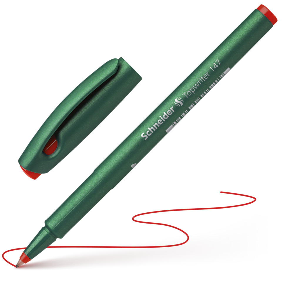 Grüne Spitze, Kugelschreiber, Tintenroller, Schneider Topwriter 147, roter Tintenstrich