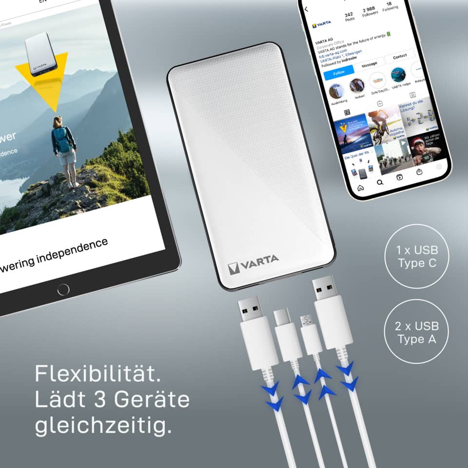 Powerbank, Externes Ladegerät, USB-C, USB-A, 3 Geräte laden