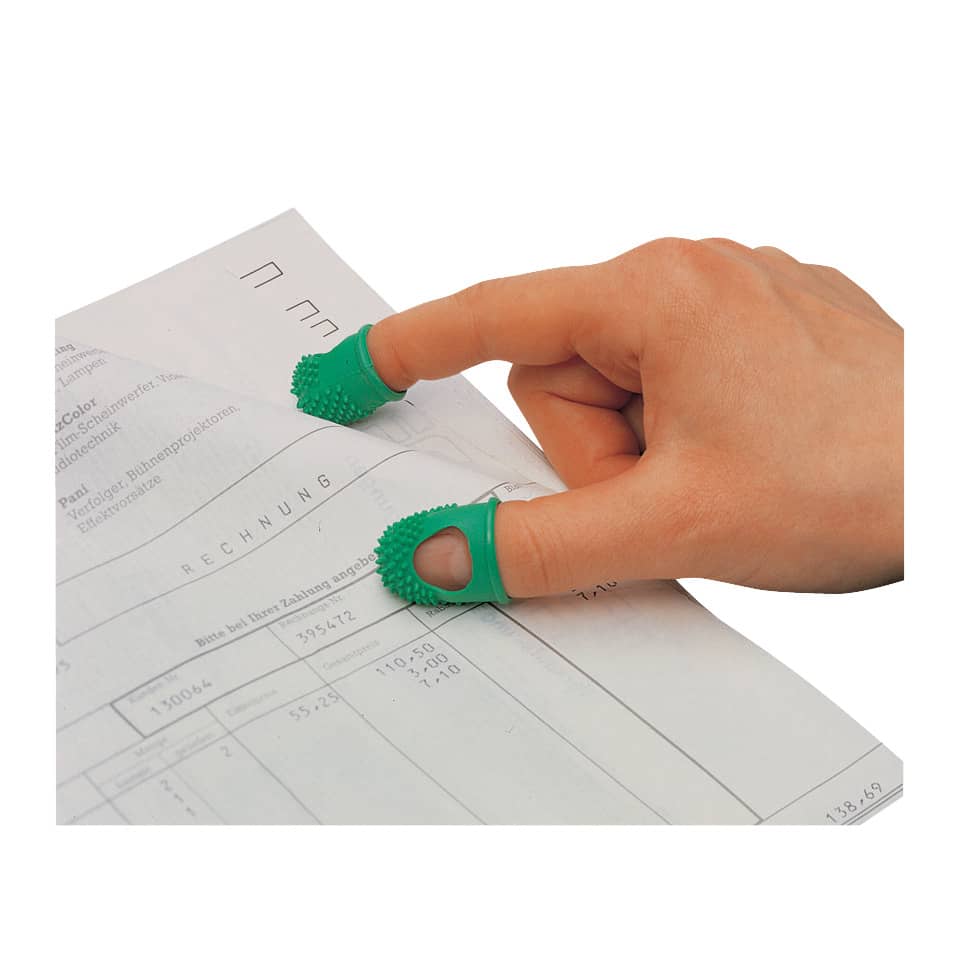 Fingerabdruck, Griffschutzfinger, grüne Fingergriffe, Rechnung, Dokumentenhandhabung