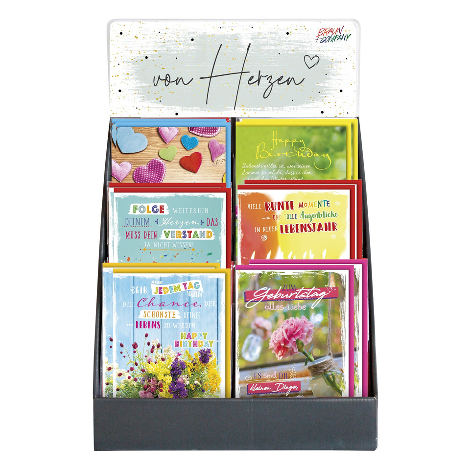 Grußkarten, Kartenbox, Geburtstagskarten, Herzform, bunte Motive