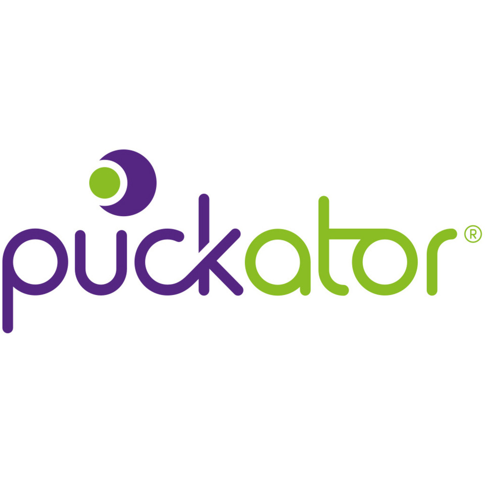 Puckator-Logo, Markenschriftzug, Lila-grün, Weiße Schriftfläche