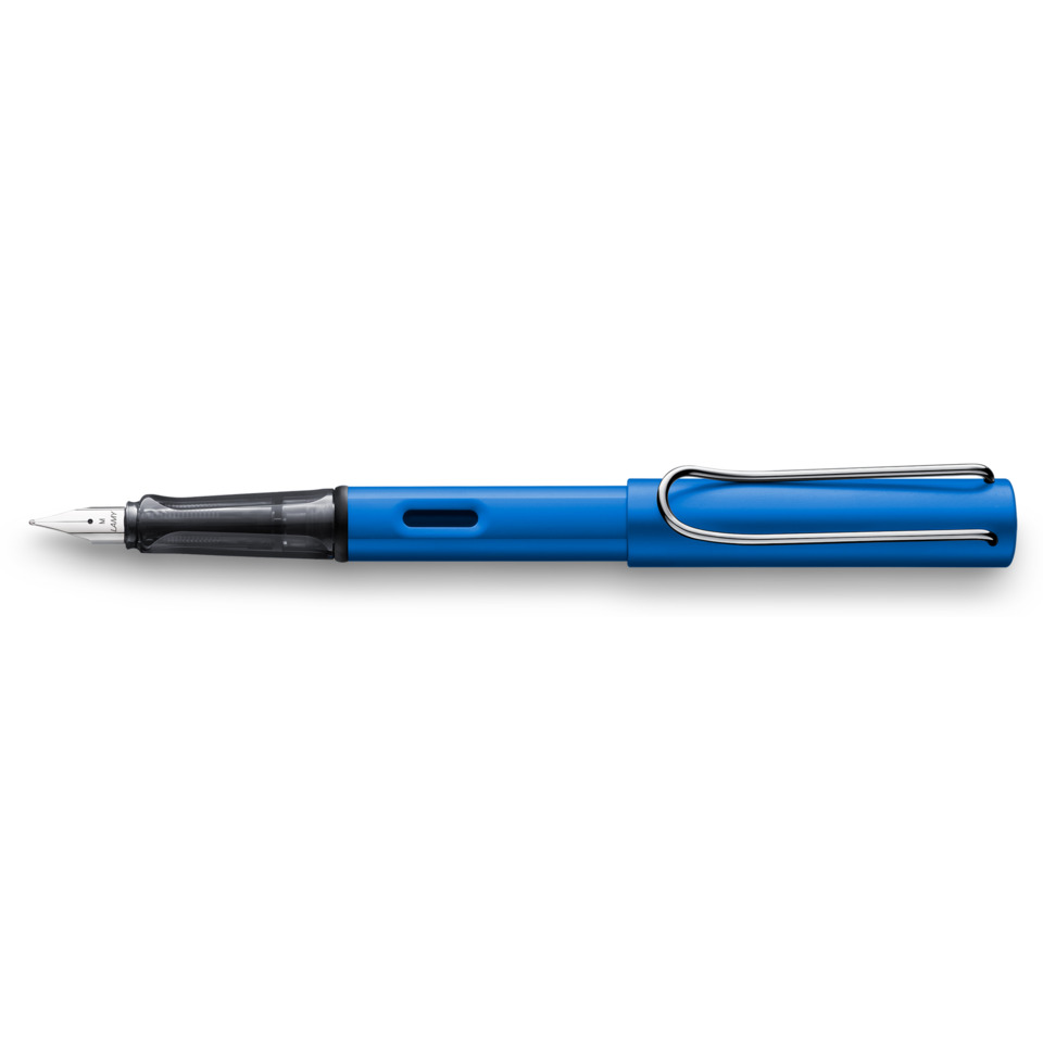 Fountain pen, Blue cap, Metal clip, Nib, Grip section