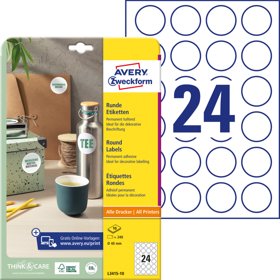 Etiketten, Runde Labels, Permanent haftend, Dekorative Beschriftung, Avery Think & Care