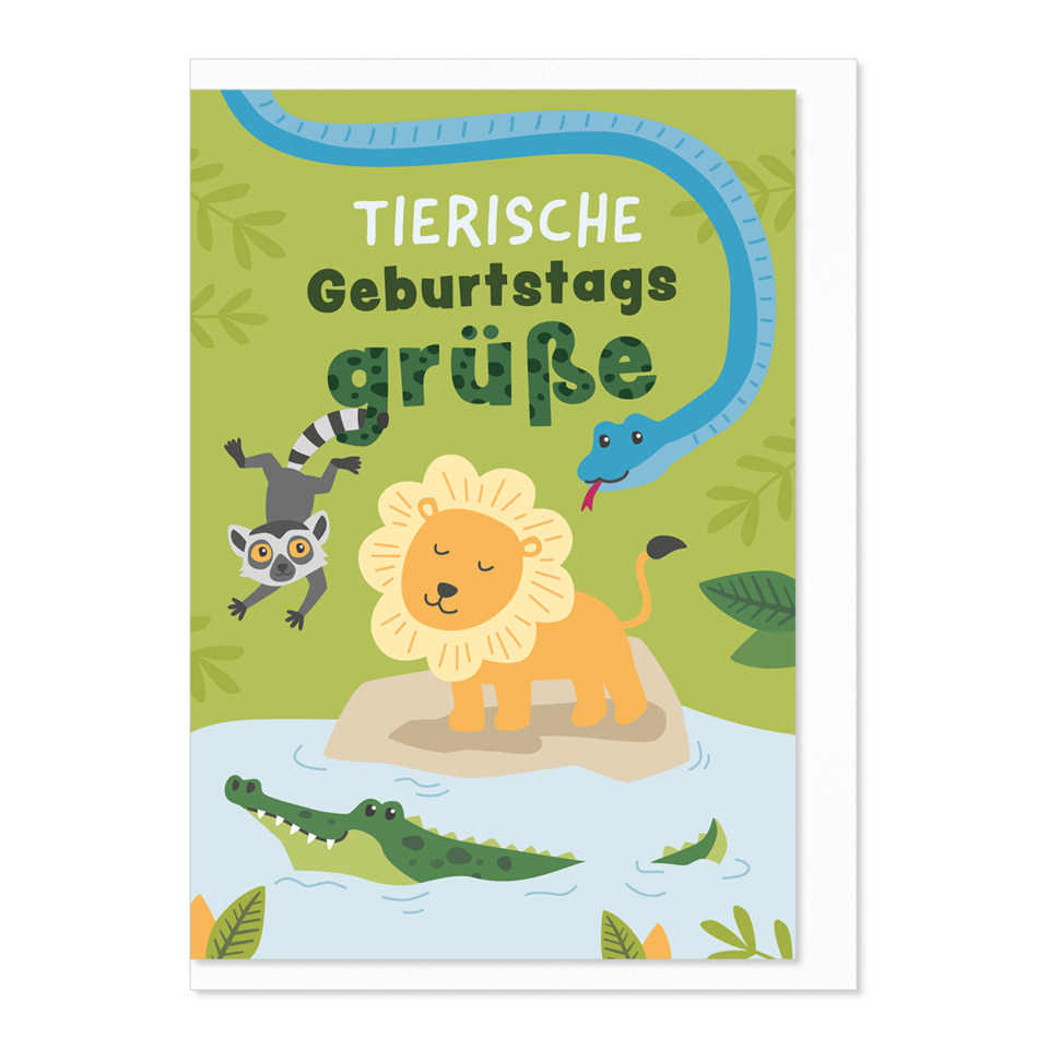 Tierische Geburtstagskarte, Kartenmotiv, Löwe, Krokodil, Schlange