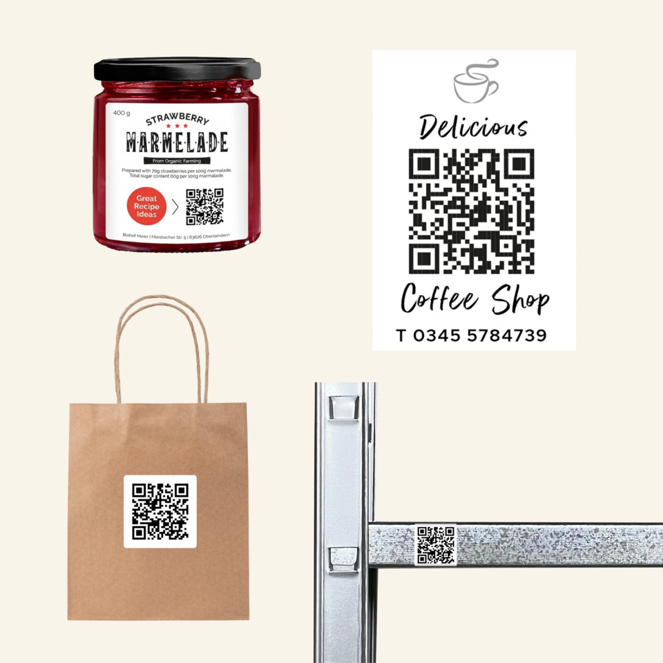 glas jar, erdbeeren marmelade, marmelade, braune pappe tasche, qr code