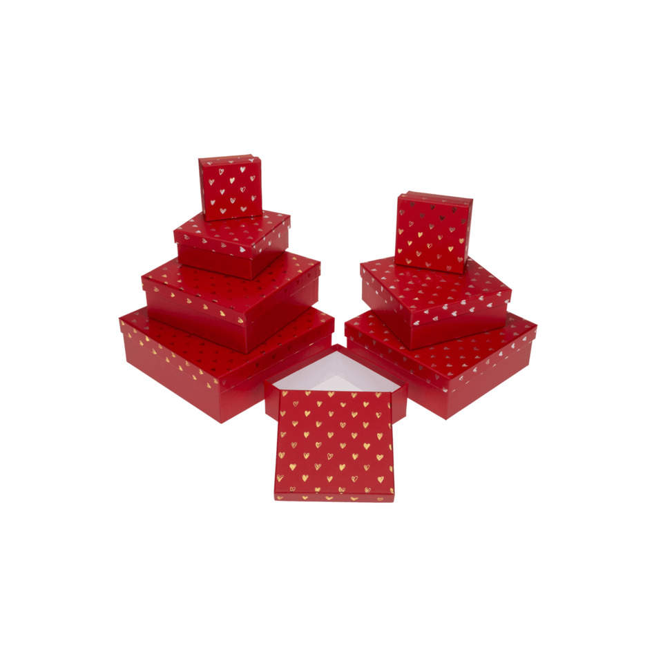 Geschenkboxen, rote Boxen, Herz-Muster, Geschenkset, Kombination von Größen