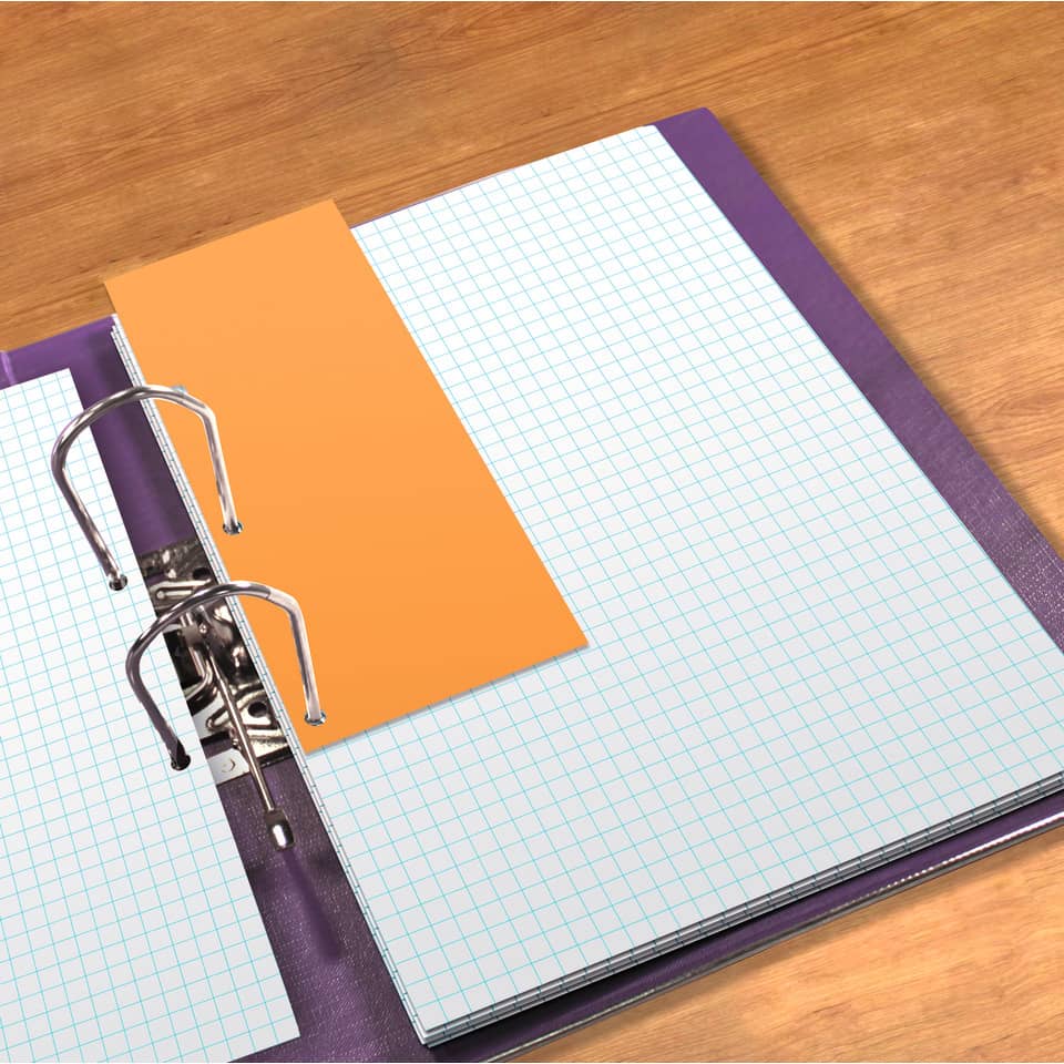 Notizbuch, Ringbindung, karierter Kalender, orangefarbiges Blatt, Schulheft