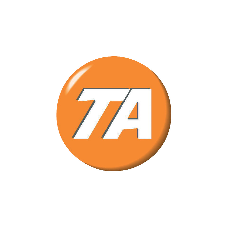 orange button, round pin, TA, logo, Abzeichen