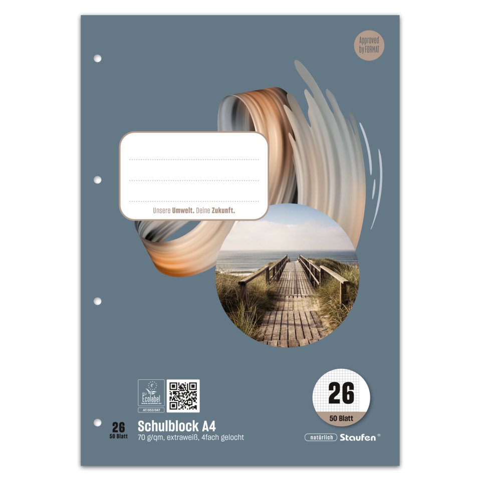 Schulblock, A4, 50 Blatt, Karton, Naturdruck