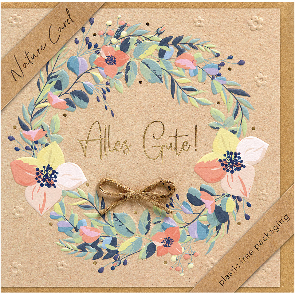 wedding card, nature card, floral wreath, kraft paper, string bow